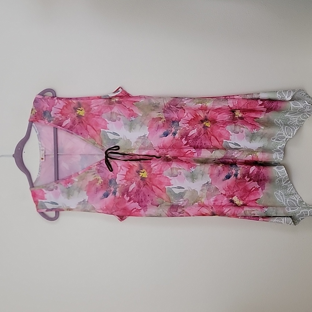 Sunflower Firmiana Pink & Green  Floral Sleeveless Tunic Top 2X